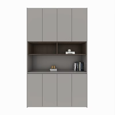 Modern Bookcase Featuring Open Shelves Gray Cabinet Design with Books and Decorative Items 3d model