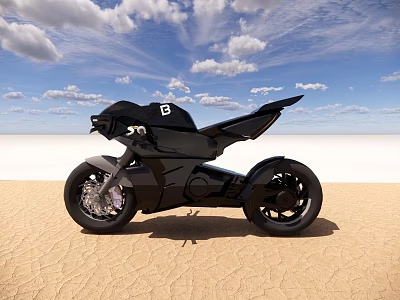 Black Sleek Modern Motorcycle on Sandy Desert Landscape with Blue Sky and White Clouds 3d model