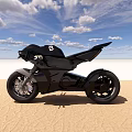Black Sleek Modern Motorcycle on Sandy Desert Landscape with Blue Sky and White Clouds