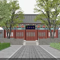 Traditional Ancient Chinese Building With Red Doors Blue Plaque Trees And Stone Path