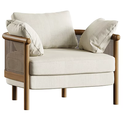 Modern Single Sofa With Beige Linen Upholstery Wooden Armrests And Rattan Details 3d model