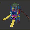 Outdoor Children Playground Structure With Yellow Slides Blue Panels And Multi Level Climbing Area