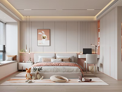 Modern Cozy Kids Room Interior With Bed Desk Chair Rug Stuffed Toys And Wall Art 3d model