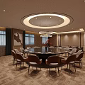 Modern Private Dining Room Interior With Round Table Chairs Ceiling Lights And Windows 3d model