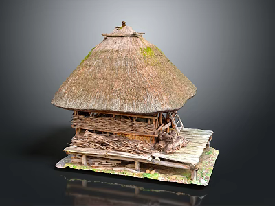 Traditional Rustic Thatched House Featuring Wooden Structure And Thatched Roof Design 3d model