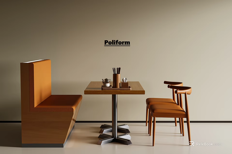 Poliform Dining Table Set With Wooden Table Orange Booth Chairs And Utensils 3d model
