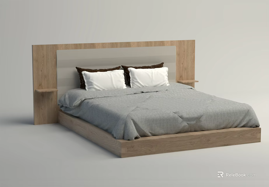 Modern Wooden Double Bed With Gray Bedspread Two Pillows And Side Tables 3d model