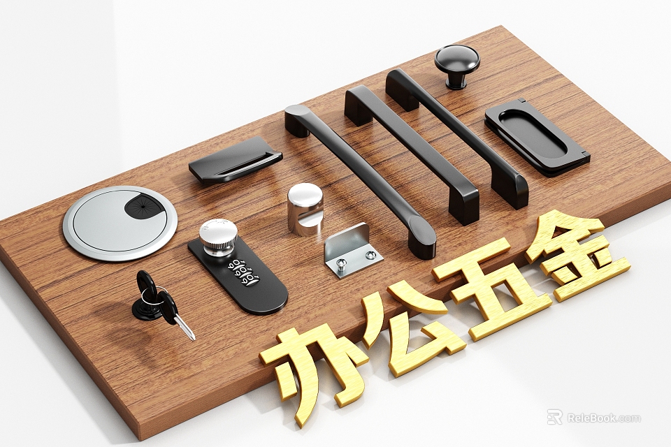 Office Hardware Collection On Wooden Board With Handles Knobs And Latches 3d model 