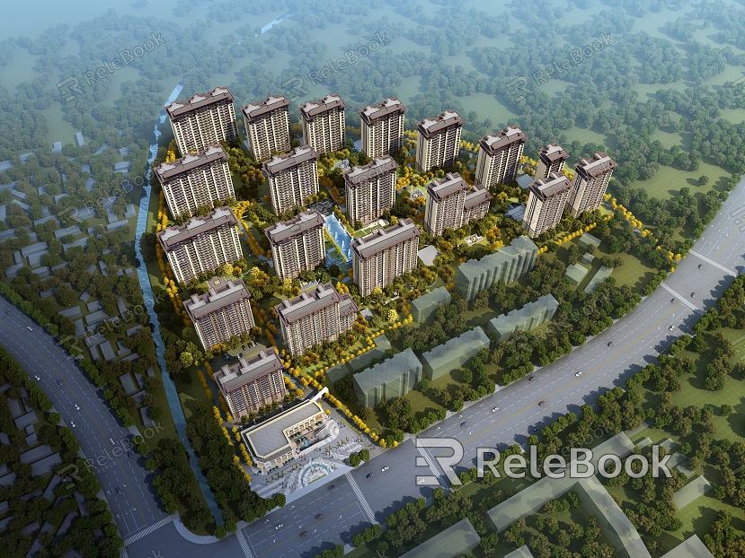 New Chinese-style New Chinese-style Residence Bird's-eye View Bird's-eye View of Sunscape Commercial House Beige Stone Residential Landscape model