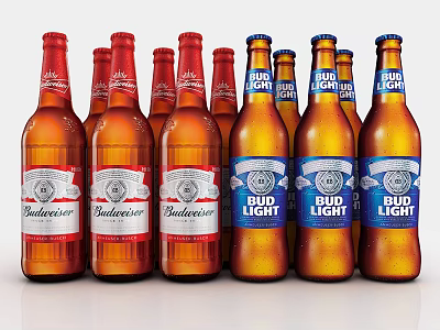Budweiser and Bud Light Beer Bottles Display with Red Blue Labels Arrangement 3d model