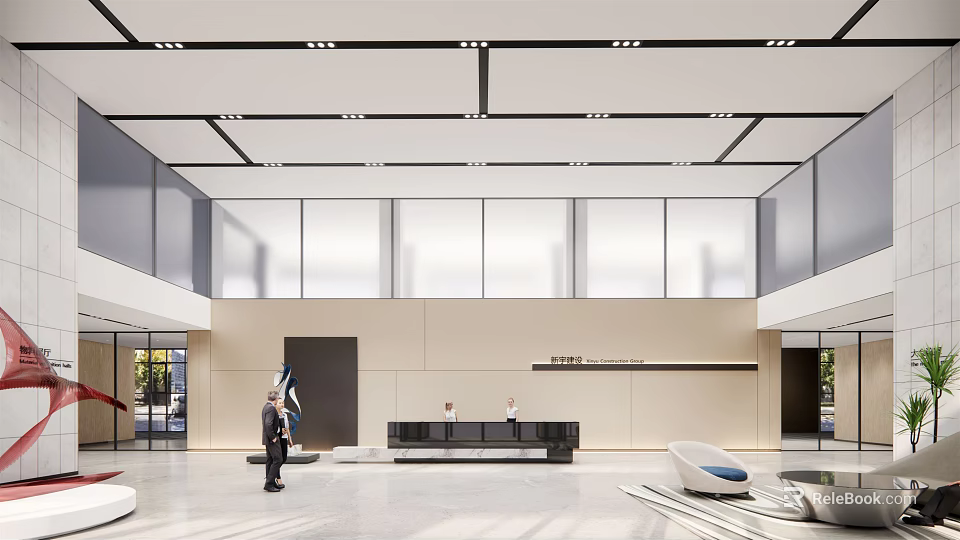 Front Desk Reception in Spacious Bright Lobby With Black Counter Marble Flooring and Glass Walls 3d model 