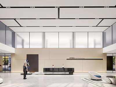 Front Desk Reception in Spacious Bright Lobby With Black Counter Marble Flooring and Glass Walls 3d model