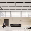 Front Desk Reception in Spacious Bright Lobby With Black Counter Marble Flooring and Glass Walls
