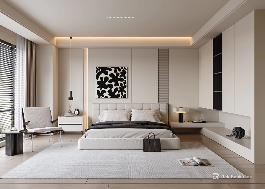 Modern Bedroom Interior Design With Bed Nightstand Chair Area Rug And Black White Artwork 3d model 