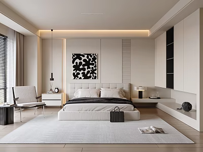 Modern Bedroom Interior Design With Bed Nightstand Chair Area Rug And Black White Artwork 3d model