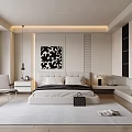 Modern Bedroom Interior Design With Bed Nightstand Chair Area Rug And Black White Artwork