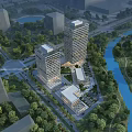 Modern High Rise Office Buildings Surrounded by Greenery River and City Roads in Urban Landscape