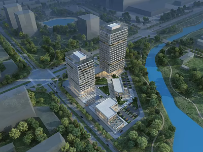 Modern High Rise Office Buildings Surrounded by Greenery River and City Roads in Urban Landscape 3d model