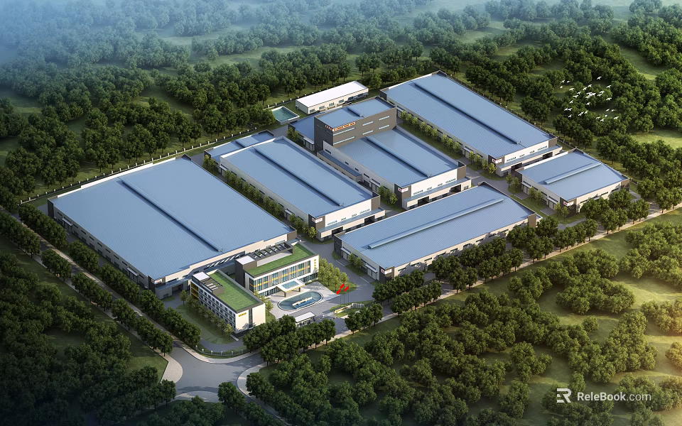 Modern Industrial Factory Complex Aerial View With Surrounding Greenery And Buildings 3d model 