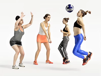 Group of Women Playing Volleyball With Active Dynamic Movements In Sportswear 3d model