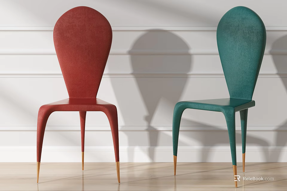 Modern Upholstered Single Chairs in Red and Green with Metal Legs in Interior 3d model 
