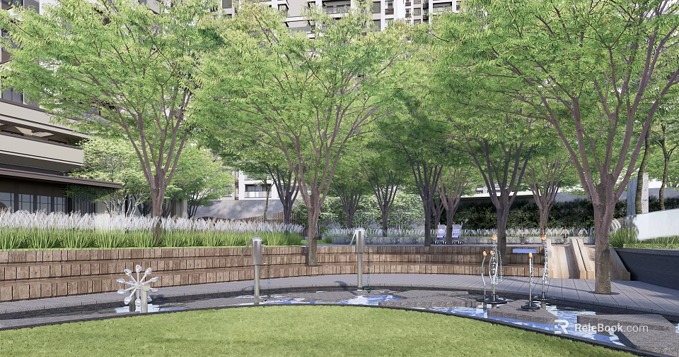 Water Fountain in Urban Area Surrounded by Green Trees and Lawn Near High Rise Buildings 3d model 