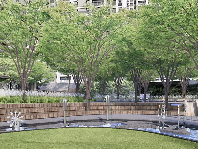 Water Fountain in Urban Area Surrounded by Green Trees and Lawn Near High Rise Buildings 3d model