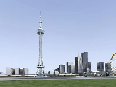 Modern Office Building Complex With Tall Skyscrapers Landmark Tower And Ferris Wheel 3d model