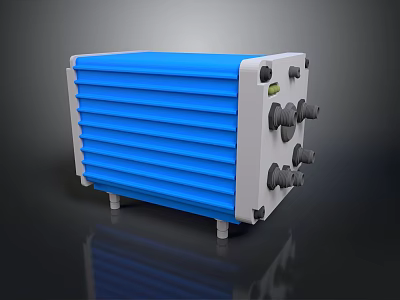 Blue And White Industrial Cooling Device Featuring Finned Design And Multiple Ports 3d model