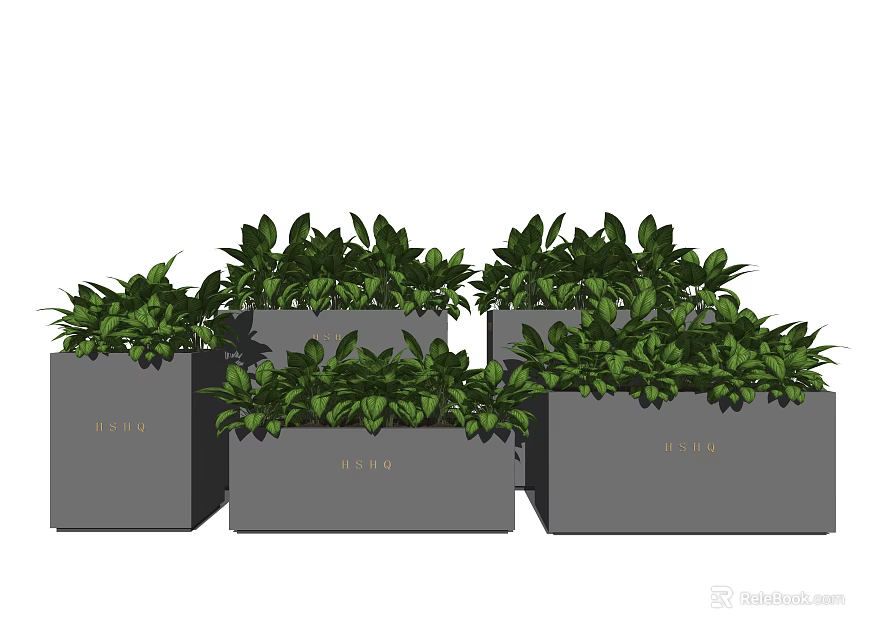 Multiple Grey Square Flower Planters With Lush Green Leafy Plants For Garden Decor 3d model 