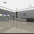 Hotel Lobby Interior Featuring Reception Desk Marble Countertop Display Cabinet and Potted Plants