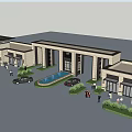 Sunlit Modern Entrance Gate With Central Water Fountain And Parked Cars