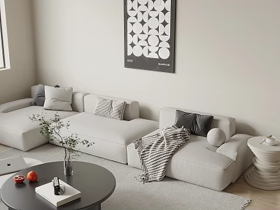 Modern Three Seater Sofa With Plush Pillows Knitted Blanket Round Coffee Table And Wall Art 3d model