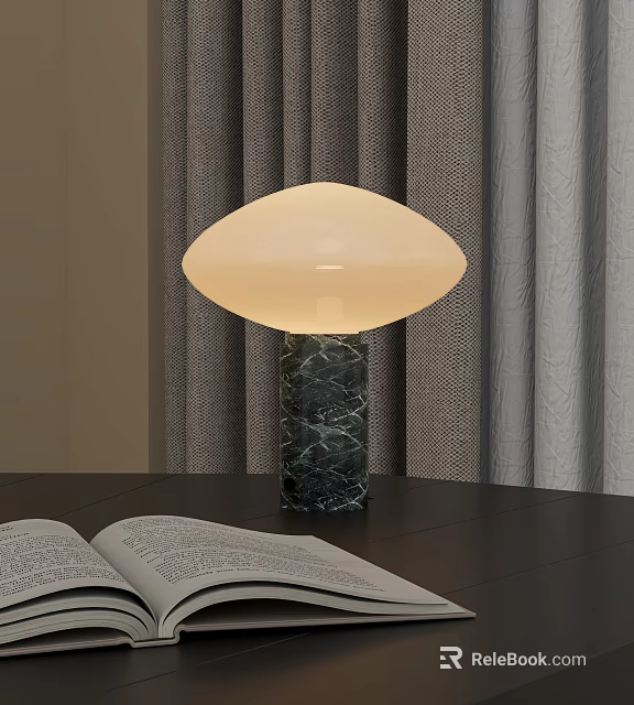 Modern Table Lamp with Marble Base Oval Cream Lampshade on Table Open Book and Curtains 3d model 
