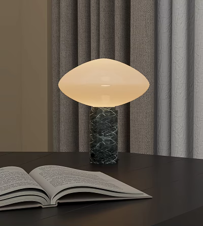 Modern Table Lamp with Marble Base Oval Cream Lampshade on Table Open Book and Curtains 3d model