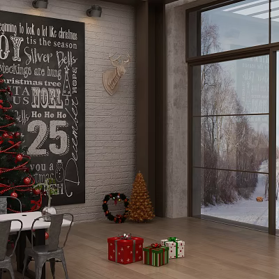Cozy Living Room With Christmas Decor And Snowy View 3d model