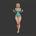 Blonde Woman In Teal Swimsuit Standing Barefoot With Hands Raised Against Grey Background