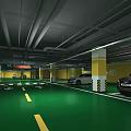 Modern Underground Parking Garage with Green Floor Yellow Columns Parking Lines Arrows Parked Cars Signage