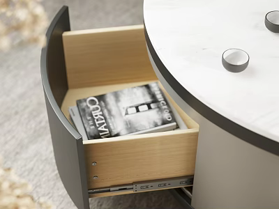 Open Modern Wooden Drawer Storage With Magazine And Round White Tabletop 3d model