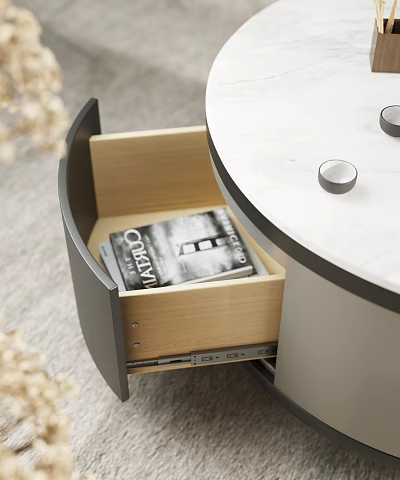 Open Modern Wooden Drawer Storage With Magazine And Round White Tabletop 3d model
