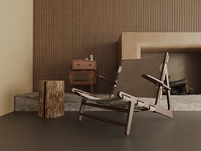 Natural Modern Leisure Chair Interior With Wooden Slat Wall Fireplace Side Table Log Decor 3d model