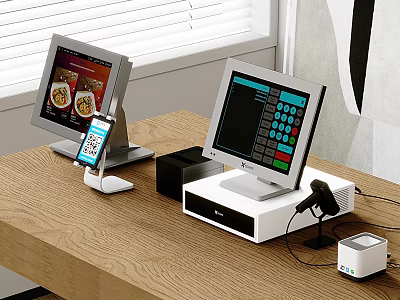 Dual Monitor POS Computer System With Order Interface Phone Holder And Printer Setup 3d model