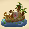 Cartoon Island Scene with Palm Trees Wooden Furniture Seashells and Small Stream