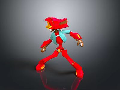 Red Robot Character With Blue Accents And Gold Joints 3D Model Standing Pose 3d model