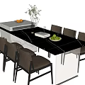 Modern Dining Table Set With Black Tabletop And Six Brown Upholstered Chairs 3d model