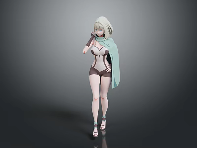 3D Female Character With Light Hair Green Shawl And Dark Outfit Standing In Gray Background 3d model