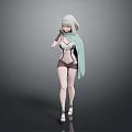 3D Female Character With Light Hair Green Shawl And Dark Outfit Standing In Gray Background