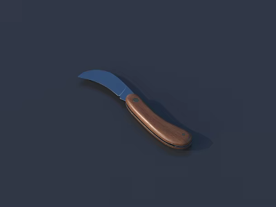 Sharp Blue Blade Knife With Brown Wooden Handle On Dark Surface 3d model