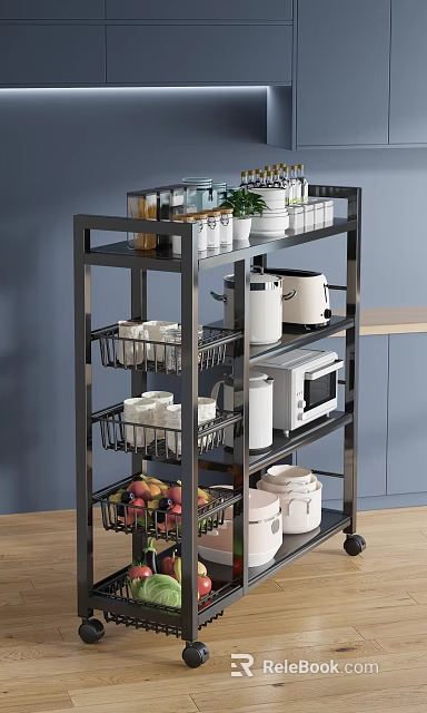 Kitchen Cabinets With Multiple Shelves Storing Cups Bowls Fruits And Appliances 3d model 