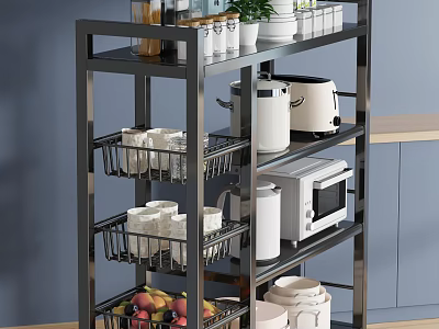 Kitchen Cabinets With Multiple Shelves Storing Cups Bowls Fruits And Appliances 3d model